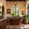 Mexican copper bathtub with rings in a bright Spanish Colonial bathroom with Talavera tile and carved wood