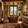 Mexican copper bathtub with rings in a Rustic Ranch bathroom with timber beams, reclaimed wood, and stone floors