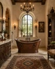 Mexican copper bathtub with rings in an Old World bathroom with carved cabinetry, stone floors, and antique lighting
