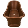 End view of dark patina copper bathtub showing rolled rim, deep soaking basin, and pedestal base