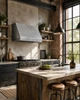Smooth angled zinc range hood in a light industrial kitchen with brick, steel windows, concrete, and reclaimed wood