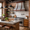 Industrial loft kitchen with aged bronze hardware, soapstone counters furnished with a mixed metal range hood