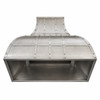 Handcrafted zinc bell range hood underside view showing open cavity for ventilation insert