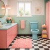 Retro bathroom featuring a light-blue toilet with pastel tones, checkered floor, pink accents, and vintage fixtures