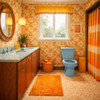 1970s-style bathroom featuring a light-blue toilet with floral wallpaper, orange tones, wood cabinetry, and pendant lights