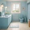 Large bathroom styled to match the vintage light-blue ceramic toilet