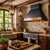 Zinc range hood with hammered copper apron in a rustic Mexican kitchen with Talavera tiles and mesquite cabinetry