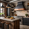 Zinc range hood with hammered copper apron in an urban loft kitchen featuring concrete, steel, black iron, and reclaimed wood