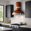 Hammered copper dome range hood with round chimney and zinc bands in contemporary kitchen