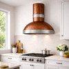 Hammered copper dome hood with round chimney and zinc bands in transitional kitchen with Shaker cabinets and mixed metals