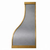 Zinc range hood with decorative brass corners and straps profile view showing curved canopy and flat back on white background