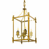 Brass ceiling lantern with classic rectangular design shown in side view, framed glass panels with clean edges and top hanging loop