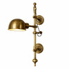 Industrial brass wall lamp with articulated arm and dome shade in warm golden finish shown front view and vertical rail mount with round plates
