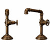 Industrial pipe style brass faucet with wheel handle in dark rustic finish, exposed pipe fittings and sturdy collars with matte patina