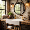 Industrial pipe style brass faucet with wheel handle in workshop inspired bathroom, exposed fittings over sink