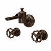 Solid brass wall mounted faucet with exposed industrial geometry and wheel handles in rustic dark finish, three piece configuration with aged matte patina
