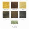 Seven brass faucet finish swatches labeled Aged Gold, Reddish Brown, Blond, Old English, Chocolate Brown, Dark English, and Green