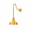 Brass gooseneck wall sconce with cast backplate and bell shade in light golden finish side view showing curved arm and round mount