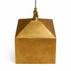 Hand-hammered geometric brass pendant lamp with tapered pyramid form hanging over kitchen island, front view from slightly above and honey golden finish