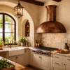 Hammered copper dome range hood with minimal apron in Mediterranean kitchen with stone backsplash