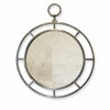 Rustic contemporary round iron frame mirror with open geometric design, double ring structure with segmented bars and top hanging loop