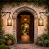 Pair of hand-forged-exterior-wall-lamp-hanging-lantern flanking mission-style entrance with carved stone arch and wooden doors