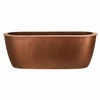 Hammered copper bathtub with interior seating steps side view, oval form with sloped walls and integrated raised seating platforms