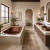 Hammered copper bathtub with interior seating steps as drop in, set into bathroom deck with warm patina and oval basin