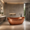Polished hammered copper bathtub in contemporary master suite with large-format tile, minimal fixtures, and soft lighting