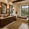 Hammered drop-in copper bathtub with armrests paired with handcrafted copper sinks and rustic wood cabinetry
