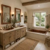 Hammered drop-in copper bathtub with armrests in a cottage bathroom with wood vanity and off white walls
