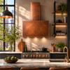 New York style hammered copper range hood with urban industrial design in contemporary kitchen, minimalist copper form above sleek cabinetry and clean surfaces