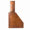 Industrial modern loft design copper range hood profile view on white background, geometric hammered copper canopy with streamlined urban industrial silhouette