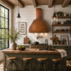 Industrial modern loft design copper range hood in modern farmhouse kitchen, warm copper feature contrasting white cabinetry and natural wood accents