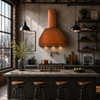 Industrial modern loft design copper range hood in Manhattan luxury apartment kitchen, sculptural copper centerpiece with sophisticated urban character