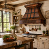 Hammered darkened copper range hood with grapevine apron in rustic farmhouse kitchen with reclaimed wood and painted cabinetry