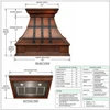 Technical drawing of hammered copper range hood with darkened copper straps, dimensions and proportions