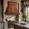 Victorian scroll copper range hood in a French châteaux kitchen with limestone alcove and marble backsplash