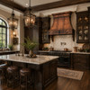 Victorian scroll copper range hood in a historic revival home kitchen with dark wood cabinetry and lantern lights
