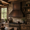 Retro Hammered Copper Range Hood with dark copper patina in rustic kitchen with stone walls, wood beams and farmhouse range