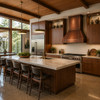 Retro Hammered Copper Range Hood in large Mid Century kitchen with walnut cabinetry, expansive island and floor to ceiling windows