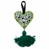 Handmade Mexican heart ornament with green floral pattern, black hanging loop and emerald tassel on white background