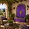 Mexican talavera tiles in washed purple for artistic walls decorating a Mediterranean patio with stone and greenery