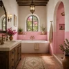 Mexican talavera tiles in light pink for elegant interior spaces installed in a hacienda bathroom with warm stone and soft natural light
