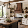 Hammered chandelier copper range hood with tall apron in luxury rustic farmhouse kitchen with reclaimed wood countertop