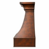Hammered copper range hood with flared crown and curved apron, side view