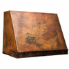 Sloped under-cabinet copper range hood with riveted band with rustic fired patina front angled view on white background