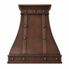 Front view coffee finish copper range hood with vertical straps, dome rivets, and hammered bell silhouette