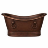 72 inch hand hammered copper bathtub with coffee patina, rolled rim, and double slipper shape