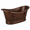 Angled view of 72 inch double slipper copper bathtub with coffee patina, rolled rim, and ring handles